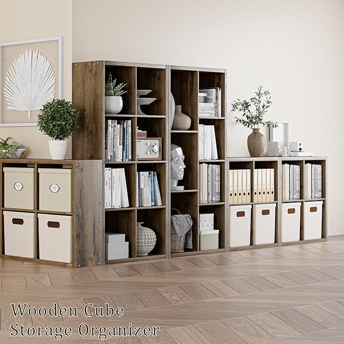 Cube Storage Organizer Bookcase, Decorative 11 inch Open Back Cubical Shelf with Thickened Border, Display Bookshelf for Living Room, Home Office, Sturdy Room (Brown, 4 Cube)