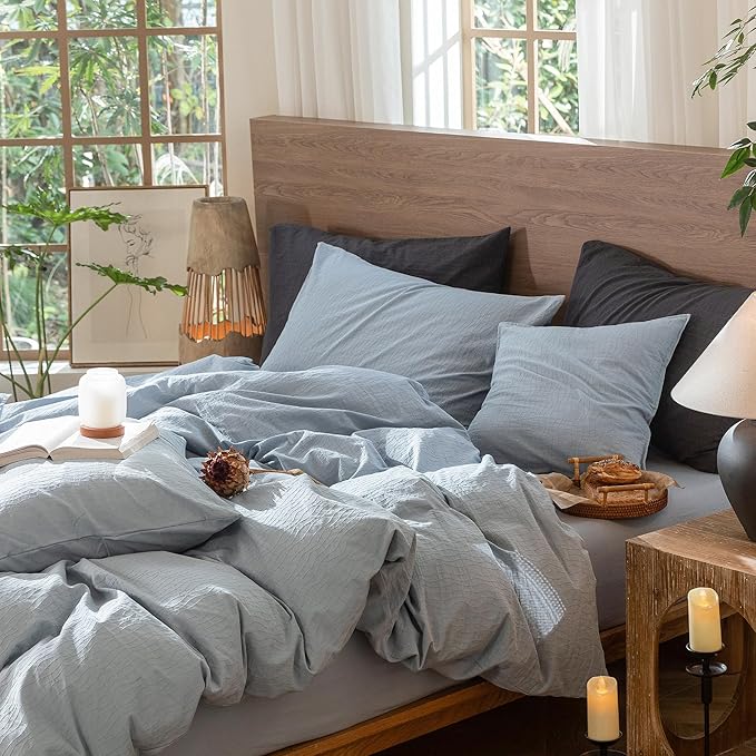 MooMee Wavy Striped Duvet Cover Set 100% Washed Cotton Linen Like Textured Breathable Durable Soft Comfy (Cornflower Blue, Super Queen 90"x98")