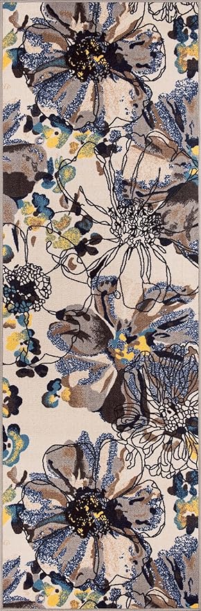 Rugshop Cream Bright Flowers Non Slip Non-Shedding Runner Rug for Hallway, Corridor and Kitchen, 2'7" x 12'