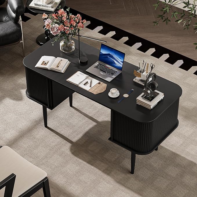 MAISONARIA 55" Modern Writing Desk with Storage, Wood Home Office Desk with Sliding Doors, Computer Desk for Home Office, Dorm, Living Room, Home Study Table, Black