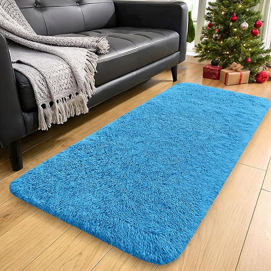 OLANLY 2x4 Machine Washable Runner Rugs for Hallway, Soft Fluffy Shaggy Bedside Rugs for Bedroom, Living Room, Indoor Floor Carpet for Kids Girls and Boys, Home Decor Aesthetic, Bright Blue