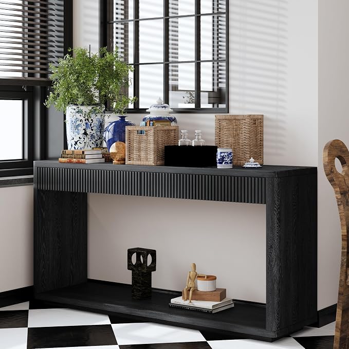 Wood Console Table, 59.8" Retro Long Sofa Table Behind Couch with 2 Fluted Drawers, Farmhouse Wooden Narrow Sofa Table Hall Table for Living Room Foyer Entrance Entryway, Black