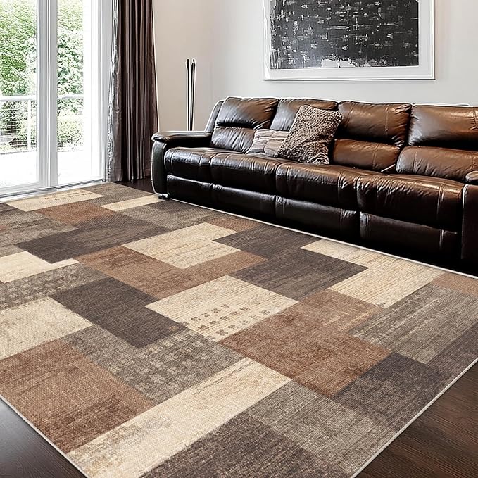 Modern Geometric Patchwork Indoor Area Rug for Living Room, Beige 10'x 14' Large Rug Rockwood Collection Hardwood Floors Decor for Bedroom, Beige Throw Carpet for Office Entryway Dining Room