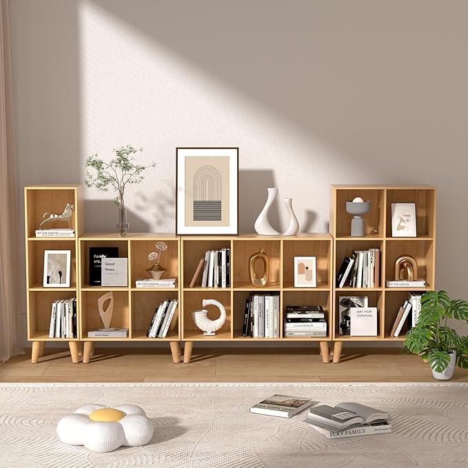 6 Cube Storage Organizer with Legs, 3 Tier Cube Low Bookcase Freestanding Storage Display Organizer for Home Office, Six-Cubes Open Shelf Bookshelf (Natural Oak, 6 Cube Vertical)