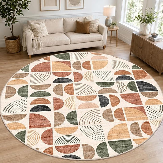 MUJOO Round Rugs 9ft,Circle Area Rug Washable,Circular Rugs for Living Room Dining Room,Large Boho Non Slip Throw Floor Carpet Modern Abstract Bohemian Terracotta