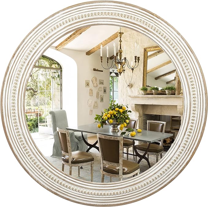 Reflinto 24 Inch Boho Wooden Round Mirrors for Wall Decor, | Rustic Farmhouse Decorative Circle Mirror for Bathroom Over Sink, Living Room, Entryway, Bedroom