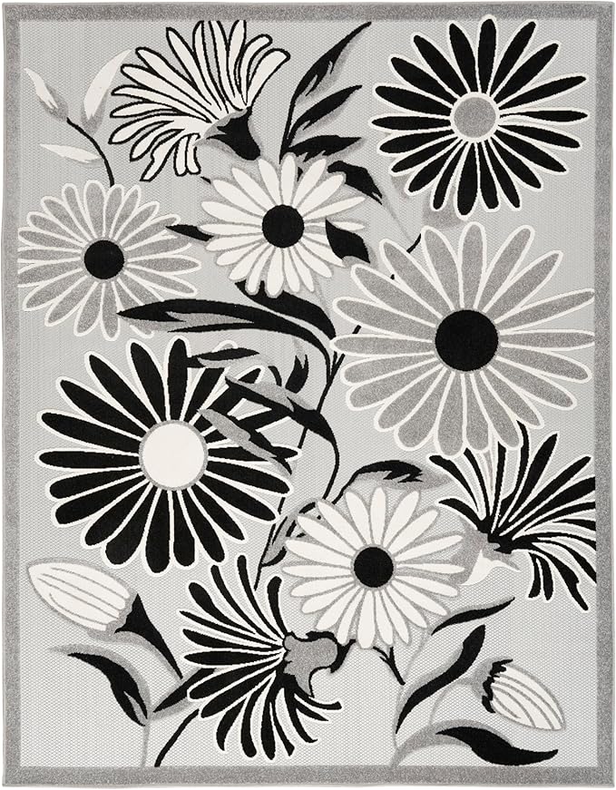 Nourison Home Aloha Black White 7'10" x 10'6" Area Rug - Easy Clean, Non Shedding, Bed Room, Living Room, Dining Room, Kitchen (8' x 11')
