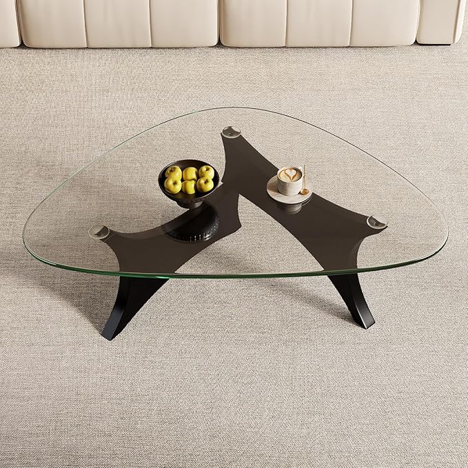 Glass Coffee Table Mid-Century Modern Coffee Table for Living Room Center Table Suitable for Bedroom Living Room Reception Office Tables（Black/Transparent，Large）