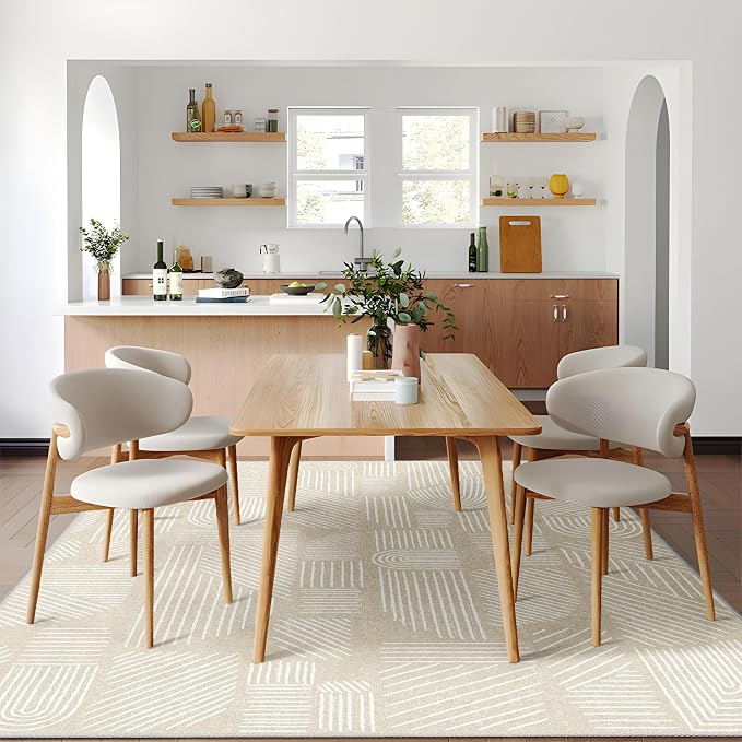 MUJOO 5x7 Washable Area Rug,Mid Century Modern Abstract Non Slip Low Pile Rug,Neutral Beige and White Rug for Living Room Bedroom Dining Room