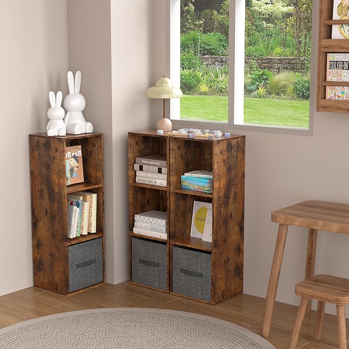 Wooden Cube Storage Organizer with Closed Back Panel,Retro Brown Cube Shelf Cubby Storage Organizer with Compartments for Living,Bookshelf,Storage Organizers (Retro Brown, 3 Cube-11in)