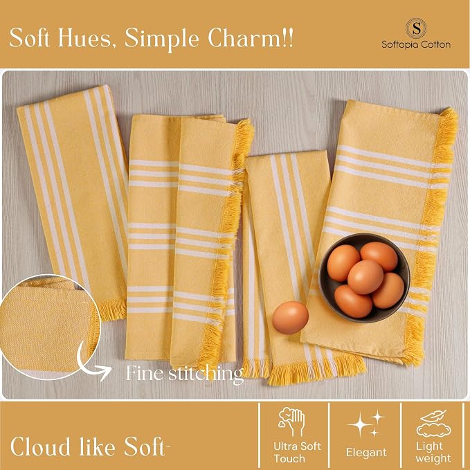 Stripe Kitchen Towels 12 Pack, 16x26 Inches, Dish Cloths for Drying, Wiping, Absorbent Tea Towels, Washable Rags, Reusable Cleaning Cloths for Everyday Kitchen Tasks - Mustard Yellow
