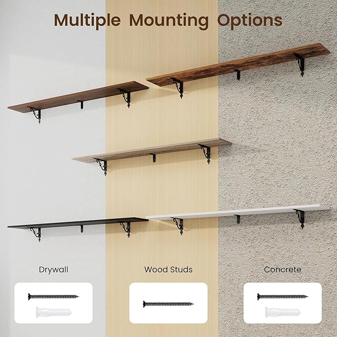 RICHFOCUS Floating Shelves for Wall Decor, 55.1W x 8D Shelves Set of 2, 8 Inch Deep Rustic Wood Shelves Wall Mounted with Brackets, Long Floating Shelves for Living Room Bedroom Kitchen, White