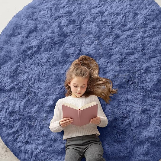 OLANLY Denim Blue Round Rugs for Bedroom - Machine Washable, 6 ft Circle Area Rugs for Living Room, Soft and Fluffy Shaggy Carpet for Teen Girl and Boys, Nursery Rooms, Dorms, Home Decor Aesthetic