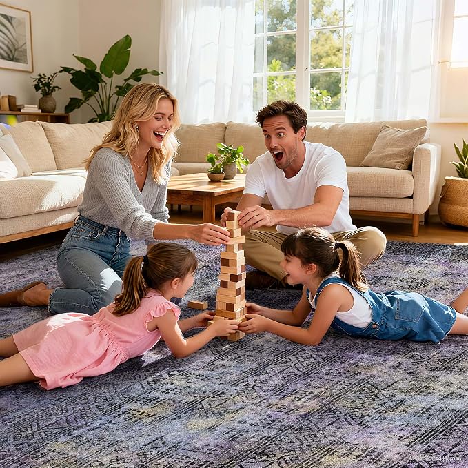 Kokia Abstract Area Rugs 9x12 Bedroom Washable Decor Low Pile Non-Slip Non-Shedding Indoor Black Purple Carpet Foldable Stain Resistant Floor Mat Living Room Dining Room, Violet and Slate Blue