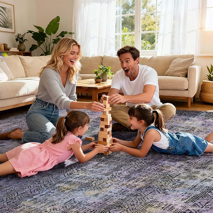 Kokia Abstract Area Rugs 8x10 Bedroom Soft Living Room Rugs Washable Distressed Vintage Comfy Black Purple Carpet with Non-Slip Backing for Farmhouse Home Office Room Decor, Violet and Slate Blue