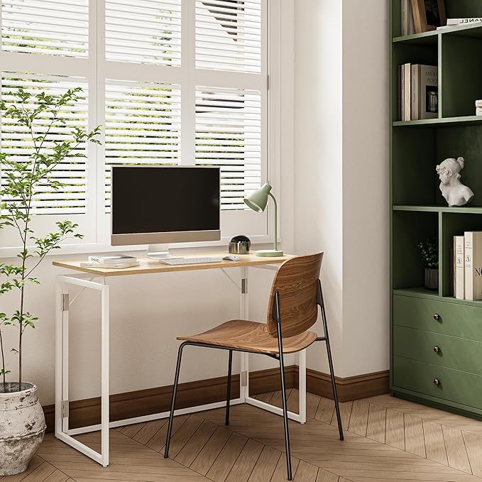 alawooder Folding Desk - 39.4” Wood Top Foldable Desk for Small Spaces | No Assembly Required Compact Desk for Home Office, Writing, and Study
