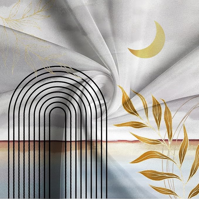 Mid Century Boho Shower Curtain Abstract Modern Minimalist Geometric Arch Bathroom Curtain Gold Leaves Aesthetic Waterproof Bath Decor Polyester Fabric with Hooks 72x72 inch