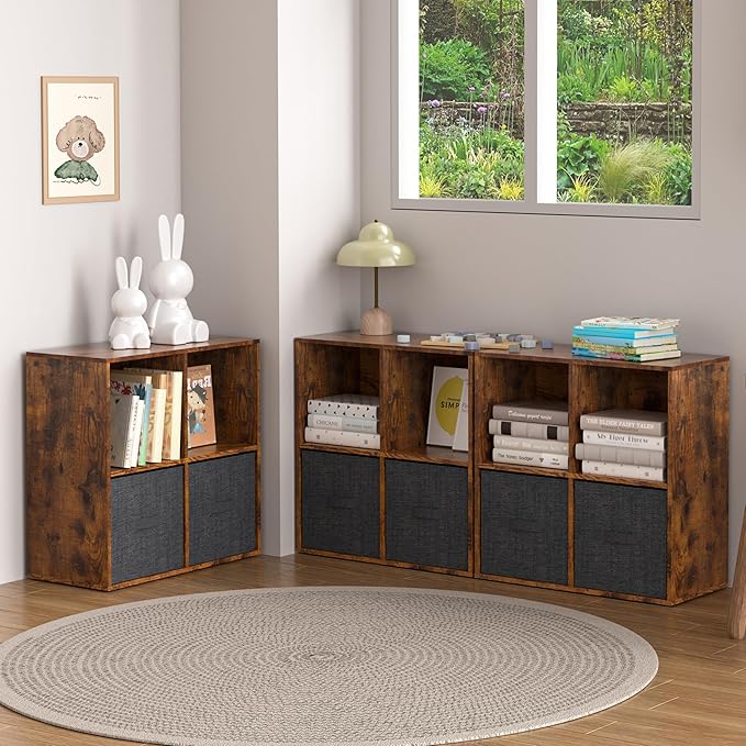 Wooden 4 Cube Storage Organizer with Closed Back Panel,White Cube Shelf Cubby Storage Organizers with Compartments for Living,Bookshelf,Organizers Easy to Install (Retro Brown, 4 Cube)