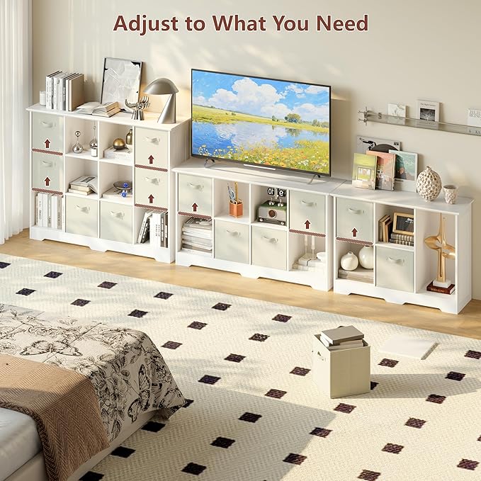 VORONOI 6 Cube Storage Organizer with 3 Fabric Drawers and Removable Shelves — Modular Cube Bookshelf for Bedroom, Living Room, or Home Office, Short Cube Bookcase for Toys, Decor,White