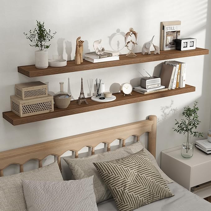 Fun Memories Rustic Wood Floating Shelves for Wall, Space-Saving Wall Mounted Shelves for Bathroom, Bedroom, Living Room and Kitchen, Stylish Storage & Display (Set of 2, Walnut, 66 in)