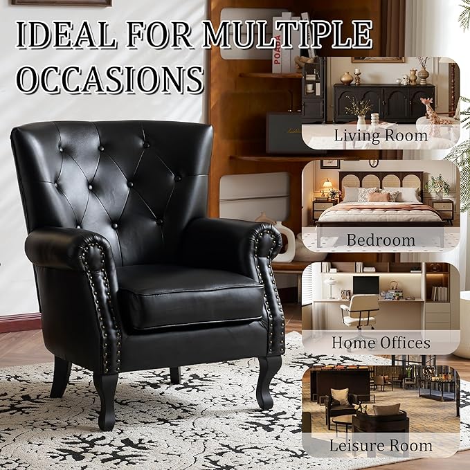 Modern Accent Chair Set of 2, Mid-Century PU Leather Armchair with Solid Wood Legs, Single Sofa Chair for Living Room, Bedroom, Leisure Room, or Reading Room(Black)