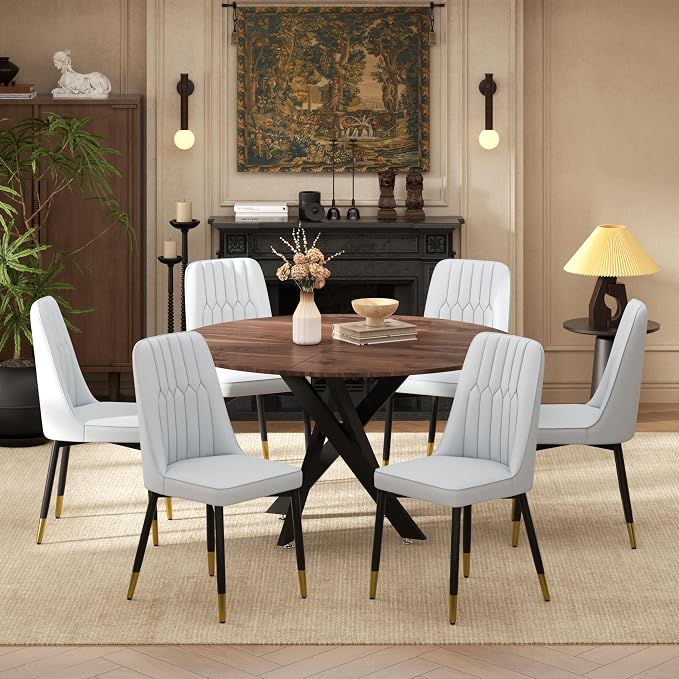 RGZ Mid Century Walnut Round Dining Table Set for 6, 47" Large Wooden Circle Kitchen Table & 6 Light Gray PU Leather Kitchen Chairs, Dinner Table Set for Home, Apartment, Dining Room