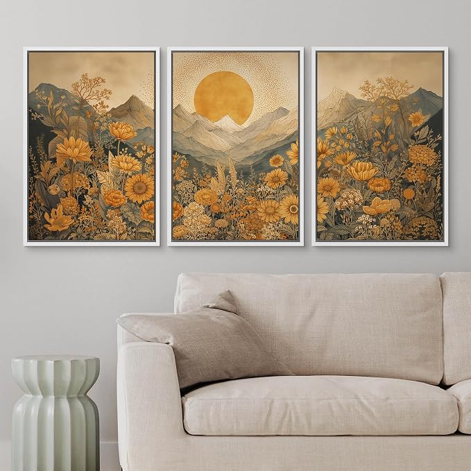 wall26 Framed Print Wall Art Set Boho Sunflower Mountain Vintage Yellow Floral and LandscapeDecorative Minimal Relax/Zen for Living Room, Bedroom, Office - 24"x36"x3 WHITE