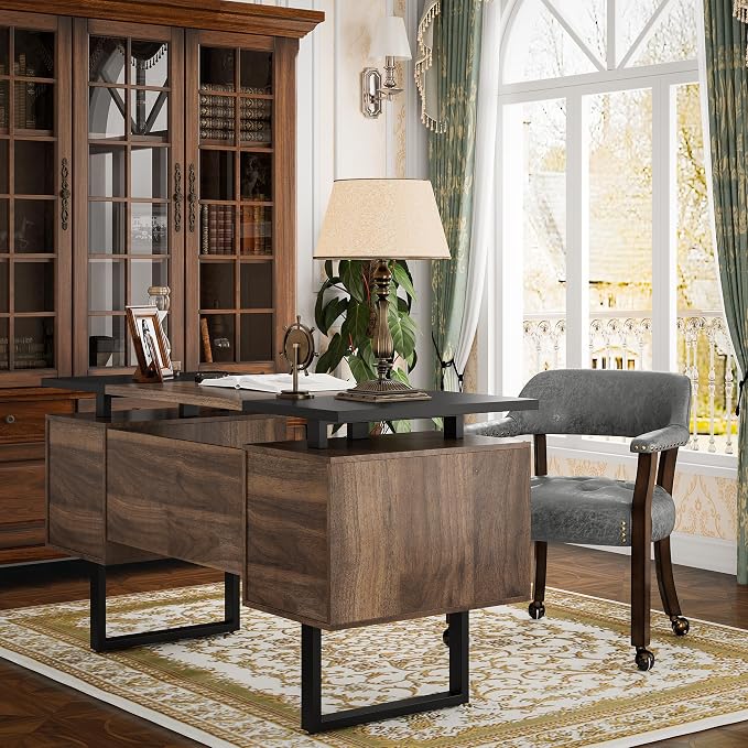 Computer Desk with Drawers 59" L Contemporary Home Office Laptop Desk with Floating Desktop and 4 Storage Drawers Vintage Study Gaming Table with Metal Frame Black & Walnut CTSZ20401WACM