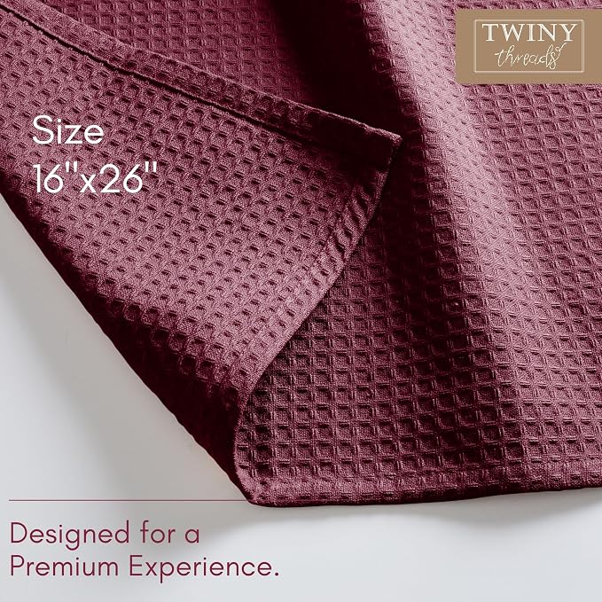 TWINY threads Dish Towel Waffle Texture, Pack of 12, 16x26 Inches, Large 100% Cotton Kitchen Linen Set, Absorbent Cloths for Drying Dishes and Cookware, Quick Drying, Machine Washable, Burgundy Wine