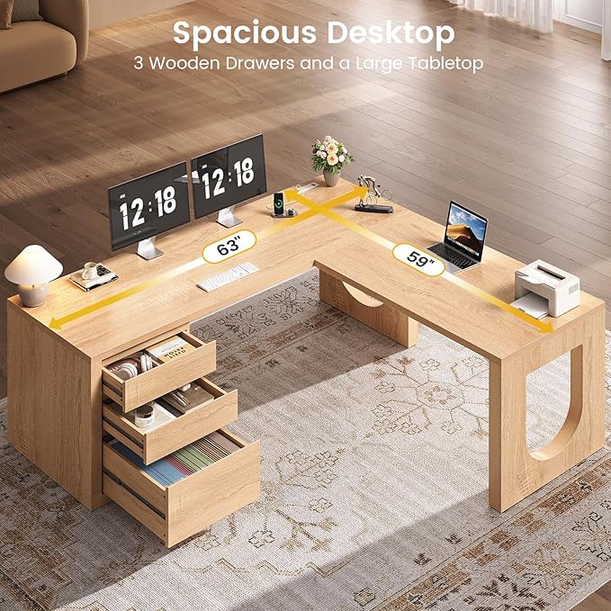 SEDETA 63" L Shaped Desk with 3 Drawers, Modern Executive Office Desk with File Drawer, Wood Corner Computer Desk with Relief Texture, Home Office Desk with Power Outlet, Natural