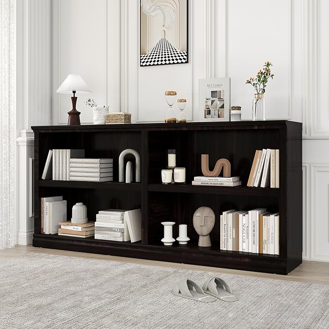 Double Wide Open Shelf Bookcase - 2 Tiers 4 Storage Cube Adjustable Space Book Case, Display Cabinet Organizer with Bookshelf, 64.8 inch Width Indoor Furniture for Home Library Office, Dark Cherry