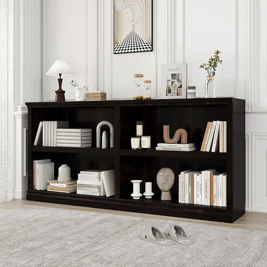 Double Wide Open Shelf Bookcase - 2 Tiers 4 Storage Cube Adjustable Space Book Case, Display Cabinet Organizer with Bookshelf, 64.8 inch Width Indoor Furniture for Home Library Office, Dark Cherry