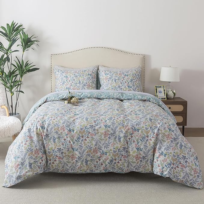 HoneiLife Cotton Queen Duvet Cover - Floral Comforter Cover 3-Piece, Botanical Bedlinen Sets with Zipper Closure & Corner Ties, Wildflower Bedlinen Sets for All Season Use