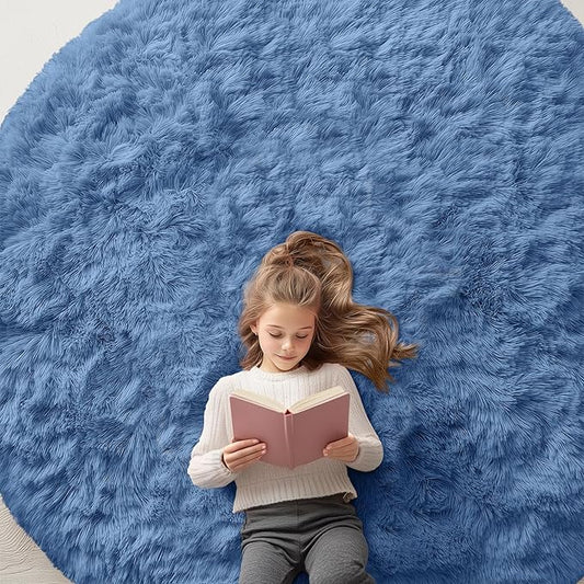 OLANLY Blue Round Rugs for Bedroom - Machine Washable, 7 ft Circle Area Rugs for Living Room, Soft and Fluffy Shaggy Carpet for Teen Girl and Boys, Nursery Rooms, Dorms, Home Decor Aesthetic