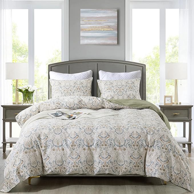HoneiLife Duvet Dover Queen Size - 100% Cotton Comforter Cover Comfortable Duvet Cover Sets,Breathable Duvet Cover with Zipper Closure & Corner Ties,3-PC Luxurious Comforter Cover Sets, Nostalgia