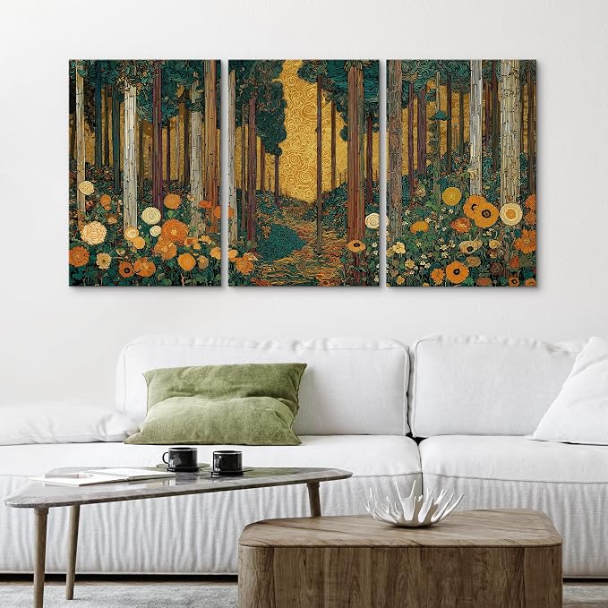 wall26 Canvas Print Wall Art Set Klimt Style Sunlit Forest Vibrant Green and Gold Floral WoodlandDecorative Minimal Relax/Zen for Living Room, Bedroom, Office - 16"x24" x 3