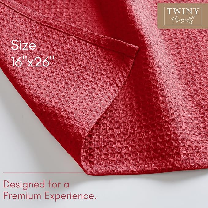 TWINY threads Kitchen Towel Waffle Weave, 6 Pack, 16x26 Inches, Premium Cotton Wash Rags, Absorbent Quick Drying Linen for Home and Restaurant Kitchens, Reusable Dish Cloths for Drying Dishes, Red
