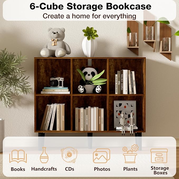 6 Cube Bookcase, Wooden Book Shelf Cube Storage Organizer with Legs, 2 Tier Bookshelf Freestanding Open Shelves for Home Office, Living Room, Bed Room (Brown, 6 Cube Horizontal)