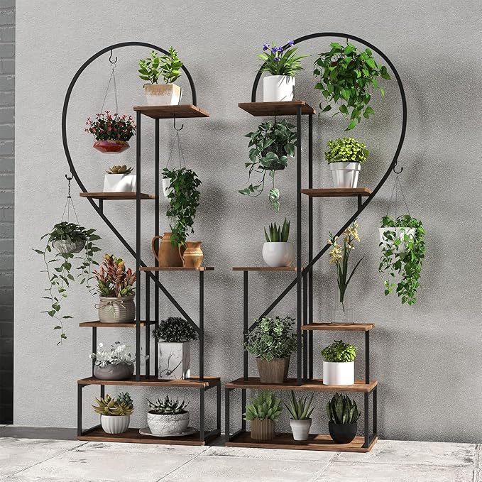 Giantex 6 Tier Tall Plant Stand Indoor, Metal Heart Shaped Plant Shelf for Plants Multiple with 6 Hanging Hooks & 12 Boards, Heavy-duty Metal Frame, Large Ladder Display Rack for Living Room Balcony Patio Art Studio, 2 Pack
