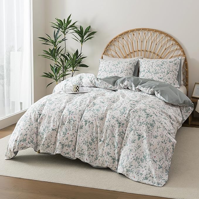HoneiLife Floral Duvet Cover Queen - 100% Cotton Comforter Cover, Soft Botanical Bedlinen Set with Zipper Closure & Corner Ties,3-Piece Wildflower Comforter Cover Sets, Greenery