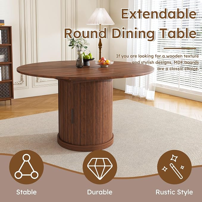 47"-59" Extendable Round Dining Table for 4-6,Mid Century Modern Walnut Wood Grain Table,Storge Kitchen Table with Storage Dining Table with Double Shelves and Sliding Doors for Small Spaces