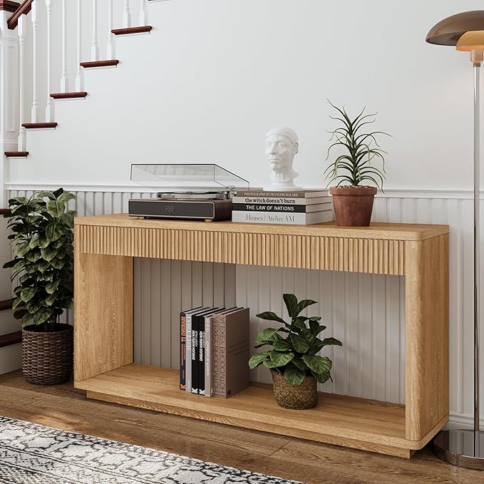 Wood Console Table, 59.8" Retro Long Sofa Table Behind Couch with 2 Fluted Drawers, Farmhouse Wooden Narrow Sofa Table Hall Table for Living Room Foyer Entrance Entryway, Natural