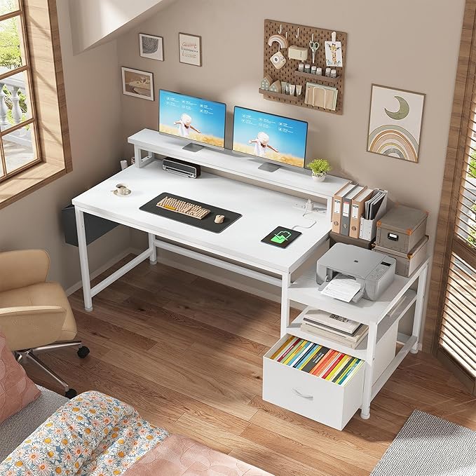 EnHomee 57" Office Desk with Drawers and Printer Space,Computer Desk with Power Outlets,Home Office Desks with File Drawers Cabinet,Study Writing and Gaming Desk with Shelves Monitor Stand,White