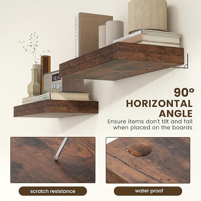 Deep Floating Shelves | 24 Inch Brown Floating Shelves Set of 2 | 12 Inch Deep Rustic Wood Shelves for Wall | 24" W x 12" D Brown Shelves for Living Room Bathroom Laundry Room Kitchen