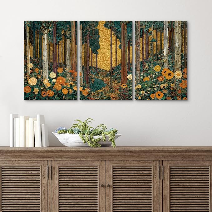 wall26 Canvas Print Wall Art Set Klimt Style Sunlit Forest Vibrant Green and Gold Floral WoodlandDecorative Minimal Relax/Zen for Living Room, Bedroom, Office - 24"x36" x 3