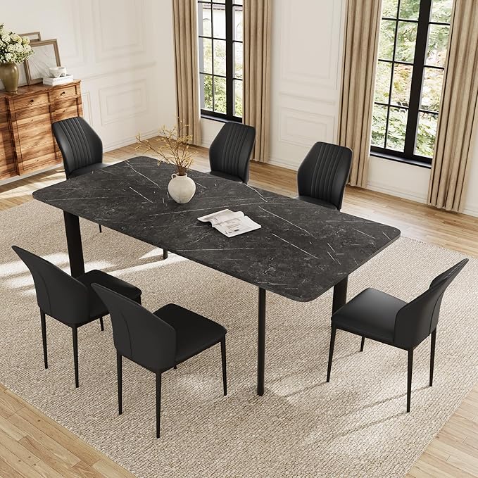 Extendable Dining Table Set for 6-8 People, 63 to 78.7 Inch MDF Kitchen Table with 6 Faux Leather Dining Chairs, Space-Saving for Dining Room, Breakfast Nook (Dark Grey Table & 6 Black Chairs)
