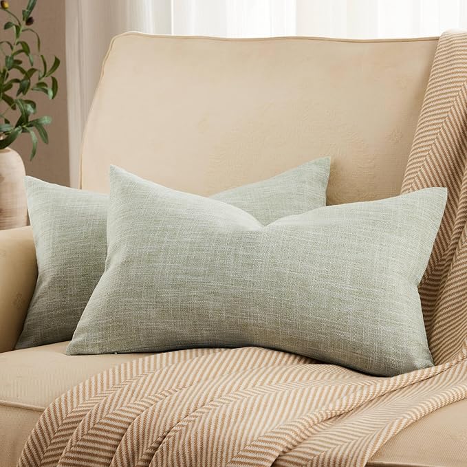 ZeeMart Rustic Cotton Linen Lumbar Throw Pillow Covers Set of 2, 12x20 Inch Green, Farmhouse Style Decorative Couch Pillow Cases Sage Green Cushion Covers for Sofa Bed Living Room Home Decor