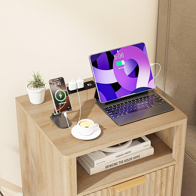Nightstand with Charging Station Set of 2, Fluted Bedside Table with 2 Storage Drawer and Open Wood Shelf, Night Stand with Solid Wood Base for Bedroom, Side Table, End Table, Oak
