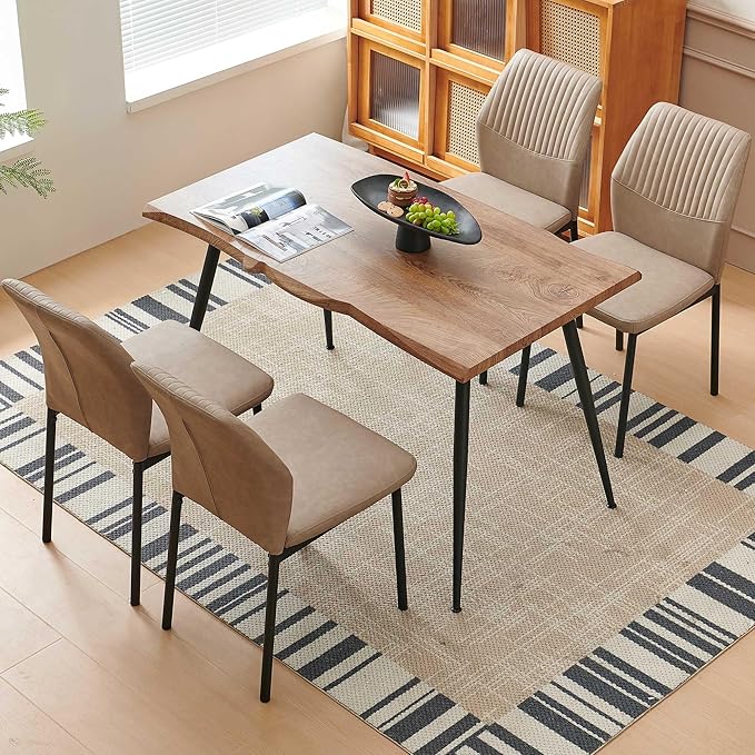 Dining Table Set for 4, Modern Wood Irregular Rectangle Dining Table,Leather Dining Chairs 4,Table and Chairs Set of 4 for Kitchen Dining Room, Beige