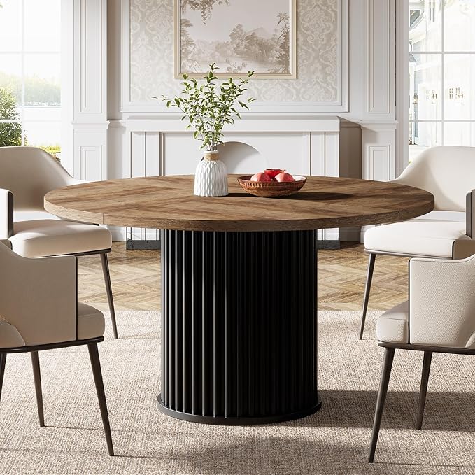 Tribesigns 47.24-Inch Black Round Dining Table for 4-6 People, Modern Fluted MDF + Metal Base Kitchen Table, Sturdy Circle Dining Room Furniture, Brown + Black